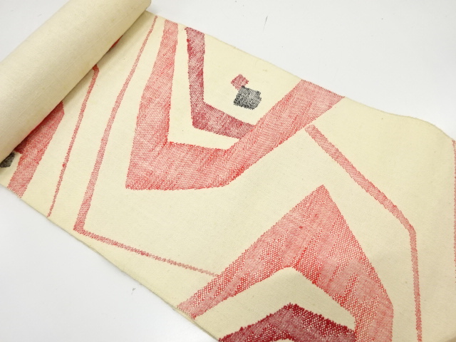 JAPANESE KIMONO / ANTIQUE BOLT FOR NAGOYA OBI / SILK / TSUMUGI / WOVEN GEOMETRIC